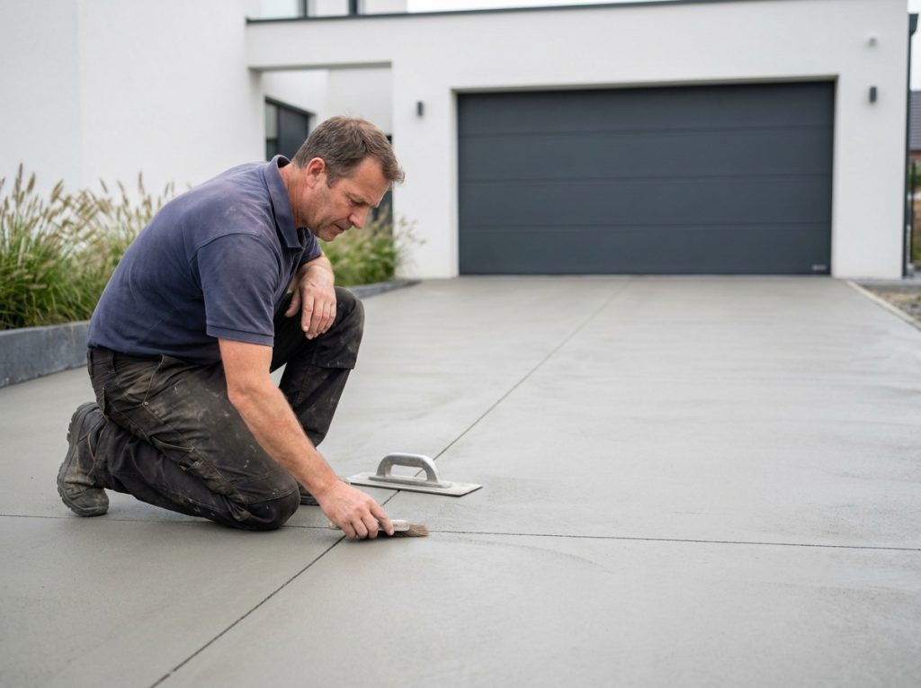 Allée en béton gris lisse devant un garage anthracite avec ouvrier inspectant la finition
