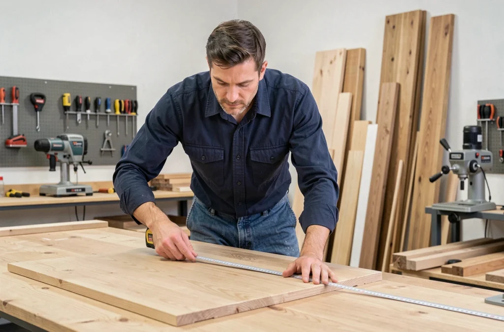Menuisier polyvalent d'ALP Construction mesurant un panneau de bois dans son atelier professionnel