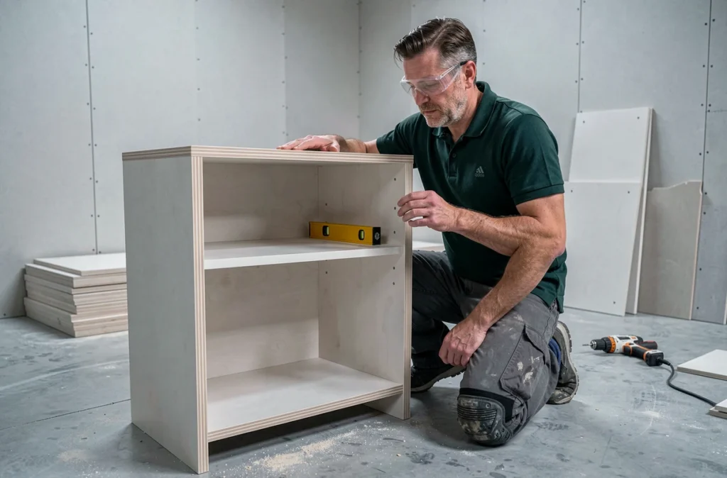 Artisan d'Aménagement Jacquot installant un meuble professionnel sur mesure dans un local commercial proche de Dole