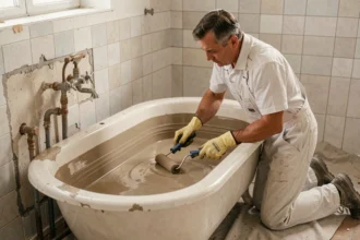 Artisan appliquant de la résine époxy sur une baignoire ancienne lors d'une rénovation salle de bain