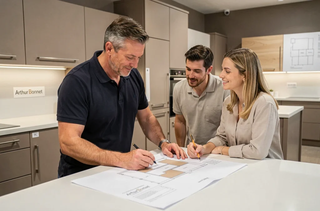 Conseiller Arthur Bonnet Rouen présentant des modèles de cuisines à des clients dans le showroom
