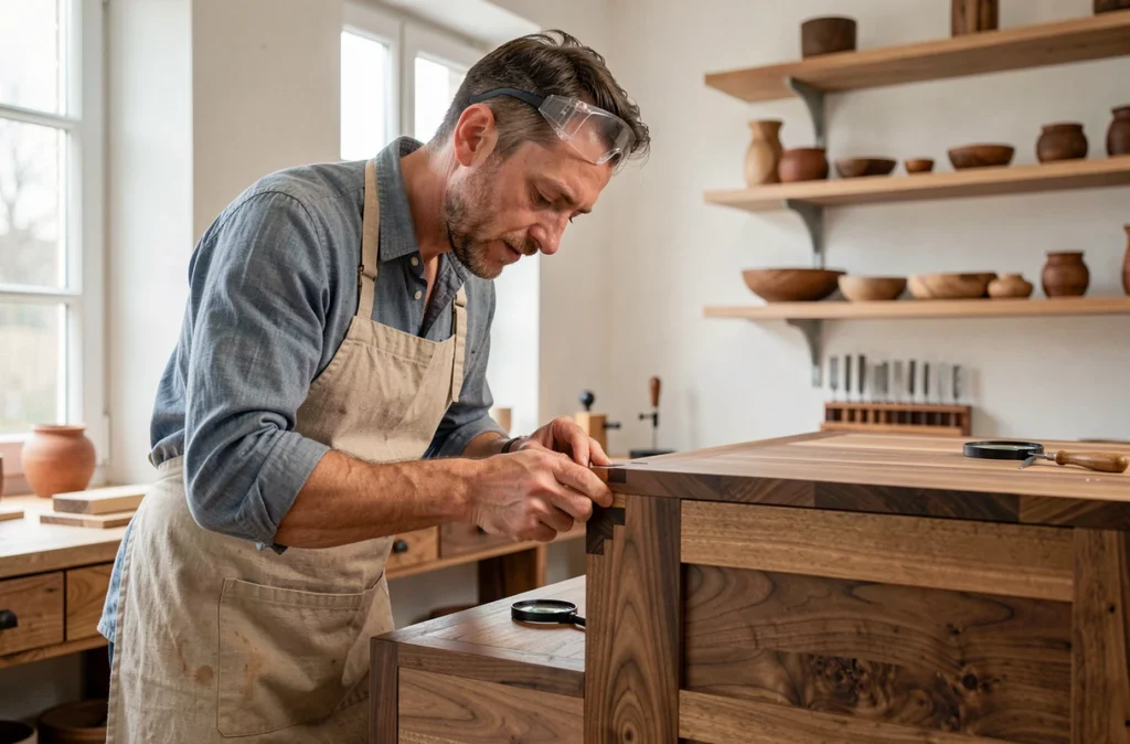 Ébéniste de l'Atelier Bois Comtois assemblant un meuble en noyer avec des joints à queues d'aronde près de Montbéliard