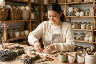 Femme en pull en laine réalisant un atelier DIY hygge avec matériaux naturels sur un établi en bois