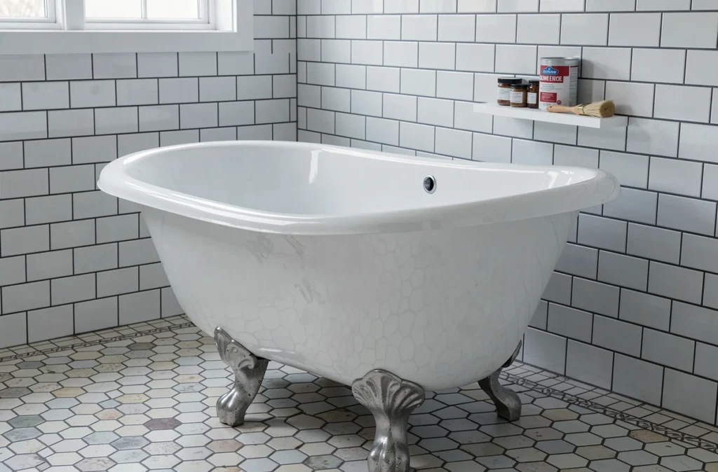 Baignoire sur pieds rénovée avec peinture brillante dans une salle de bain vintage au carrelage ancien