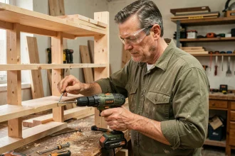 Homme bricoleur utilisant une visseuse sans fil pour assembler une étagère en bois dans un atelier amateur