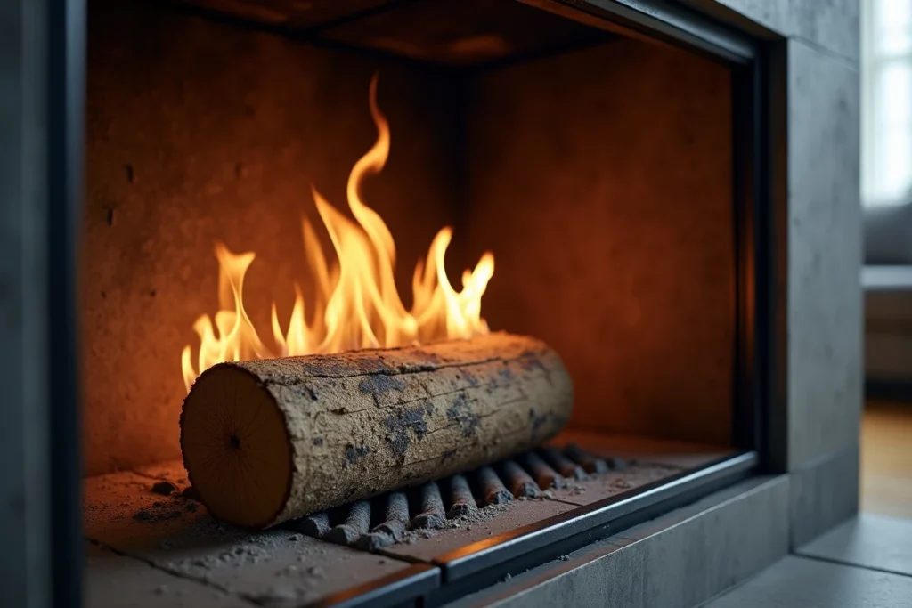 Bûche de ramonage en combustion dans un insert de cheminée moderne avec dépôts de créosote visibles