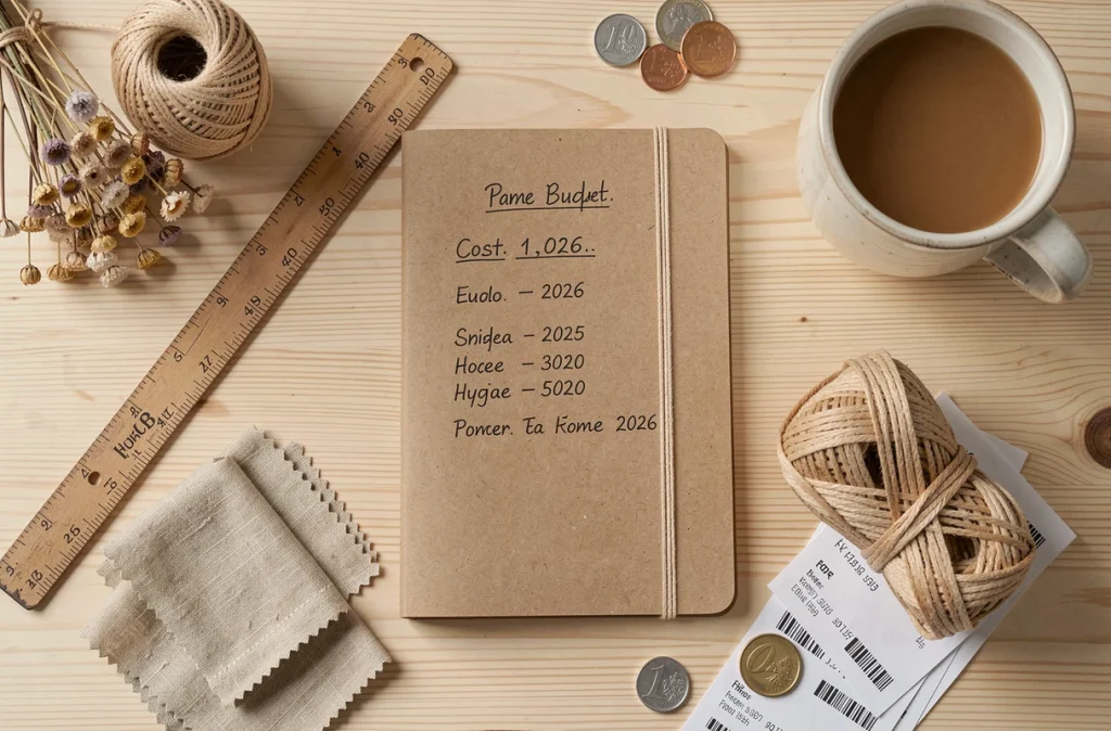 Vue de dessus d'un budget DIY hygge 2026 avec carnets de notes, matériaux artisanaux et pièces de monnaie sur table en bouleau
