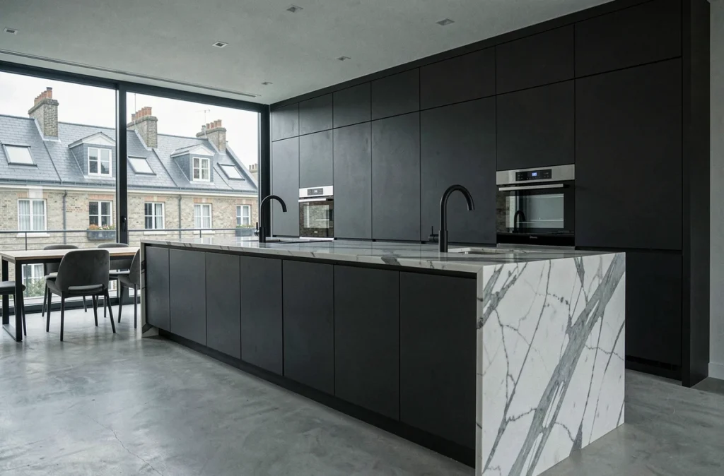 Cuisine contemporaine haut de gamme réalisée par BY ADS dans un appartement moderne en Normandie