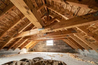 Structure de charpente en bois traditionnelle vue de l'intérieur d'un garage en construction, avec chevrons et faîtage apparents