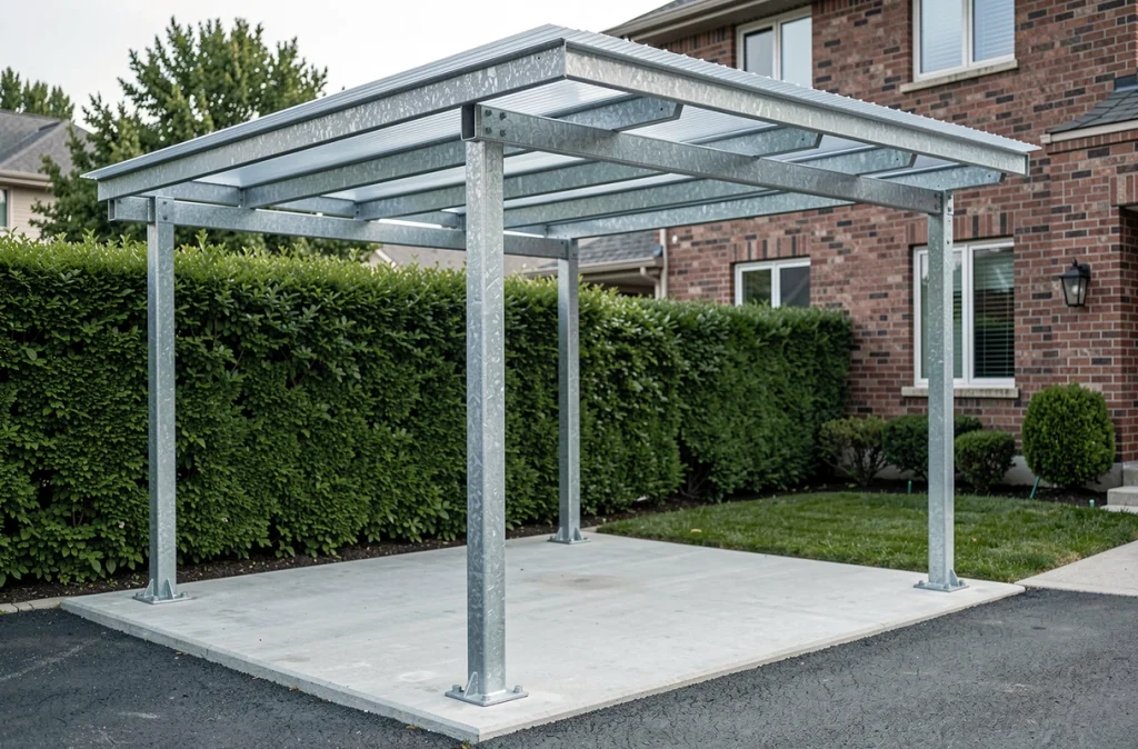 Structure métallique d'un carport en acier galvanisé avec couverture en polycarbonate partiellement installée dans une allée résidentielle
