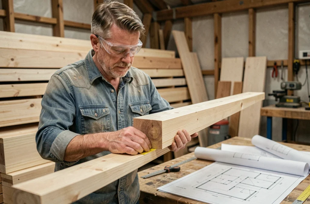 Charpentier mesurant une poutre en bois lamellé-collé pour la charpente d'une annexe résidentielle dans un atelier de menuiserie