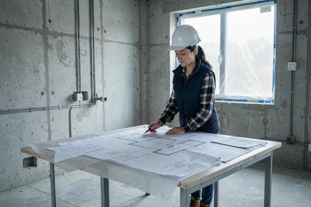 Cheffe de chantier consultant des plans de rénovation dans un appartement ancien entièrement vidé, murs en béton brut et gaines apparentes
