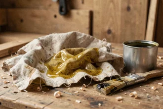 Chiffon imbibé d'huile de lin posé sur un établi en bois dans un atelier de menuiserie, illustrant le risque d'auto-combustion