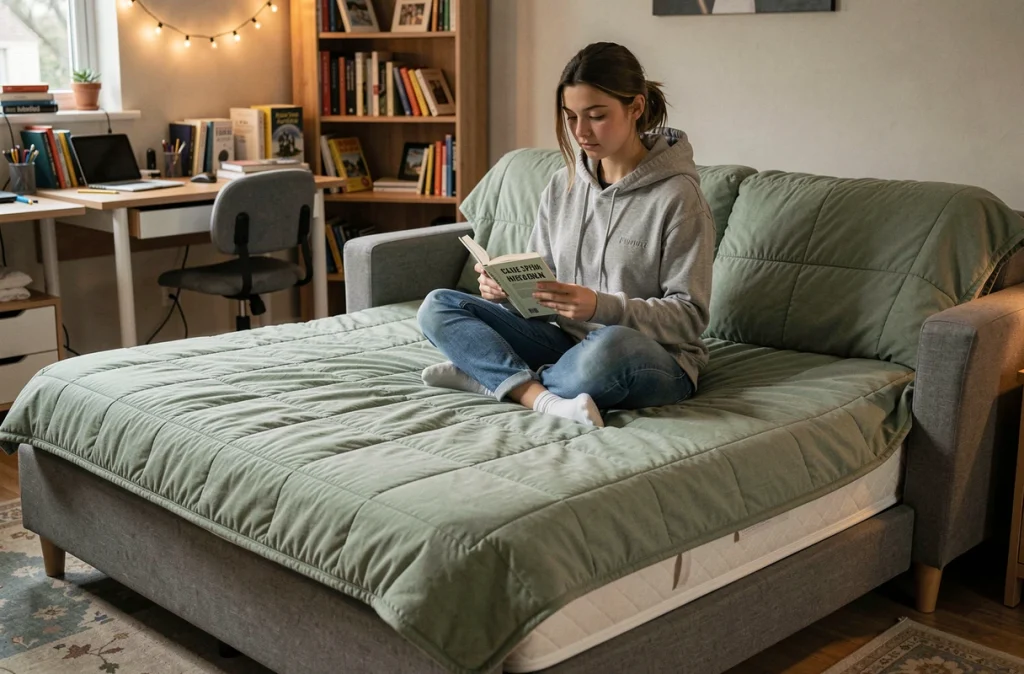 Jeune femme assise sur un clic clac ouvert recouvert d'une housse matelassée vert sauge dans une chambre moderne