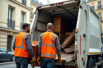 Deux ouvriers chargent des encombrants professionnels dans un camion de collecte devant un immeuble haussmannien parisien