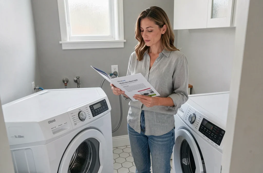 Femme comparant la hauteur de deux machines à laver différentes dans une buanderie compacte