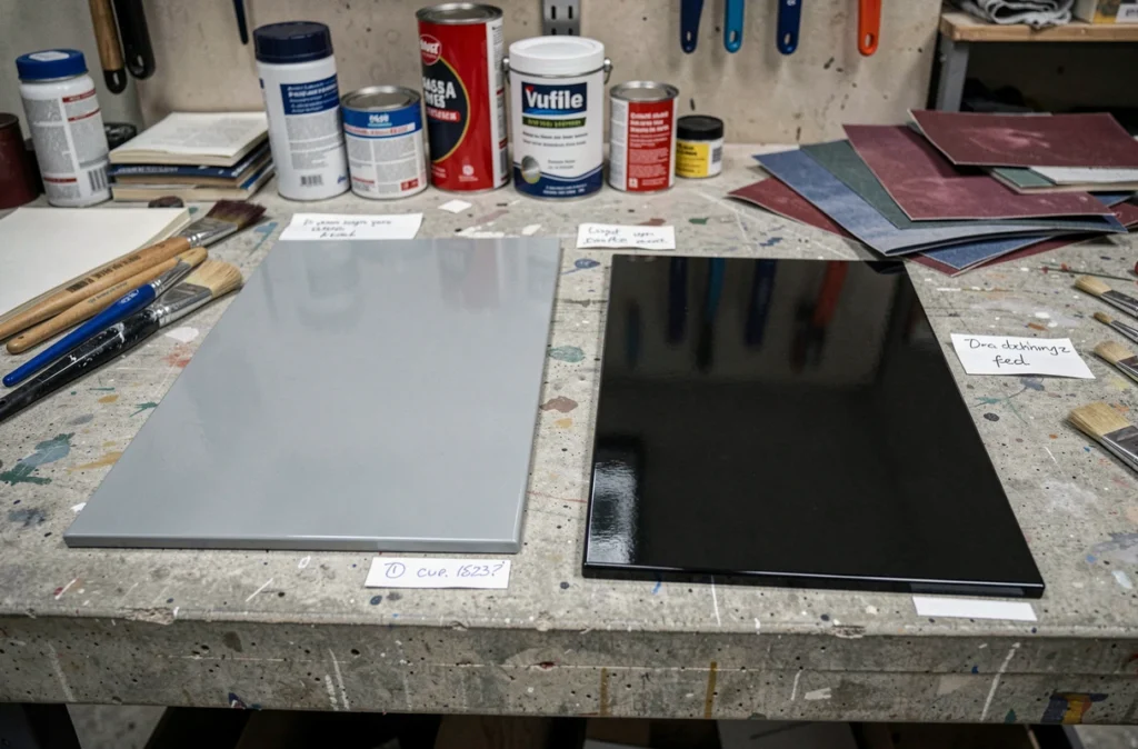 Comparaison côte à côte d'une surface peinte en laque baignoire et d'un revêtement époxy brillant en atelier