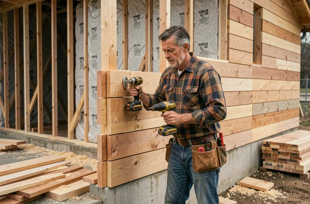 Artisan posant des planches de bardage en bois sur la structure d'un petit chalet en cours de construction
