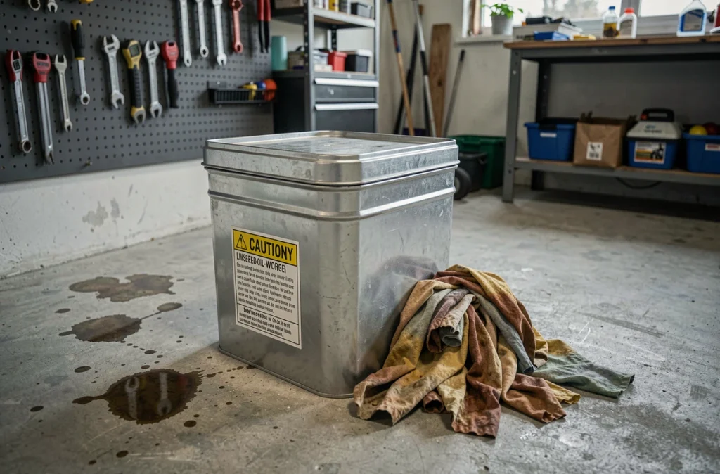 Conteneur métallique sécurisé pour chiffons huileux et risques d'auto-combustion de l'huile de lin dans un garage