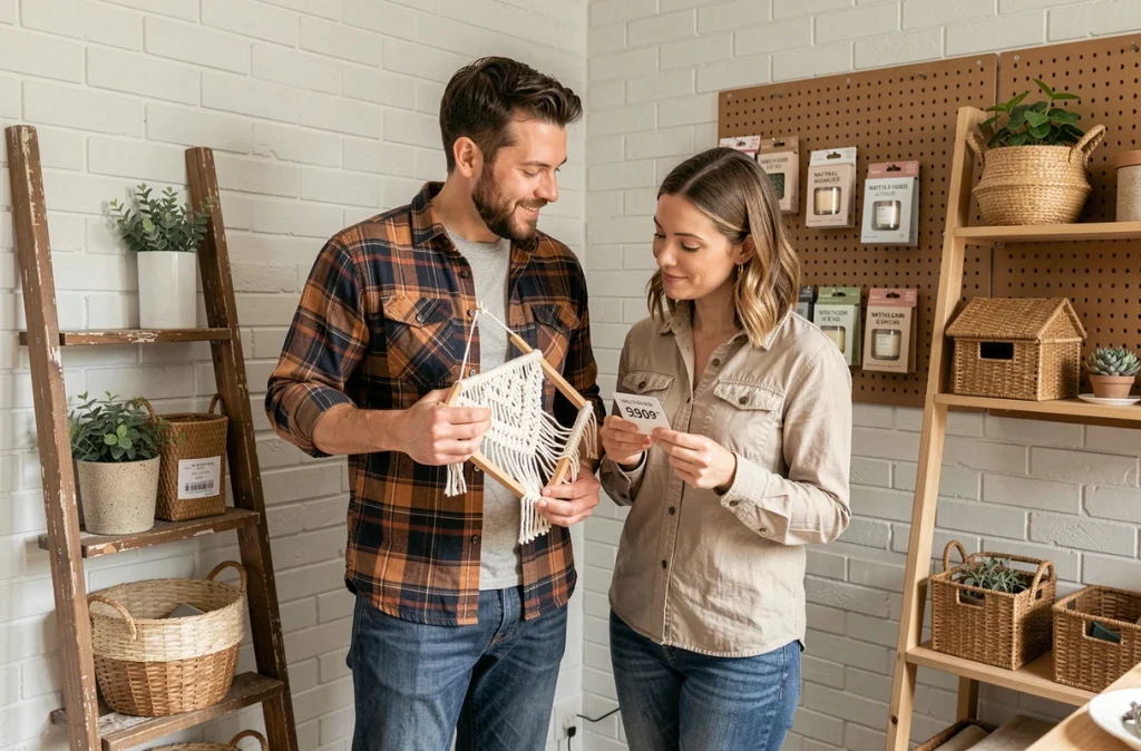 Couple comparant des kits DIY hygge et leurs prix dans un atelier artisanal scandinave à la maison