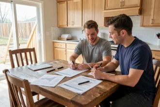 Couple étudiant des devis de travaux et une offre de prêt à table
