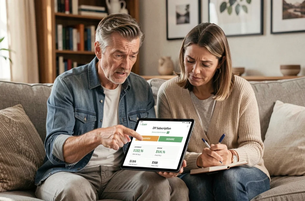 Couple évaluant les critères d'un abonnement magazine bricolage sur tablette