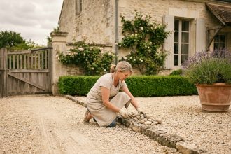 Cour en gravier beige devant une maison en pierre avec bordure décorative et femme jardinant
