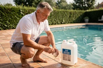 Homme mesurant la dose d'eau de javel pour une piscine familiale de 50 m3 avec un gobelet doseur sur le bord du bassin