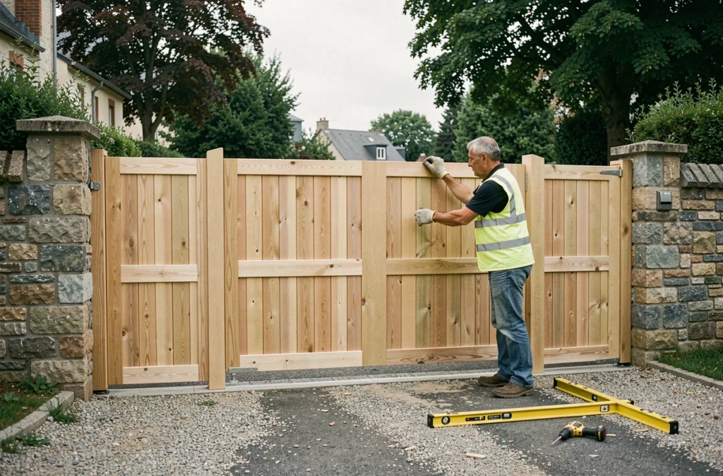 Poseur spécialisé en menuiserie extérieure installant un portail en bois sur mesure à Besançon