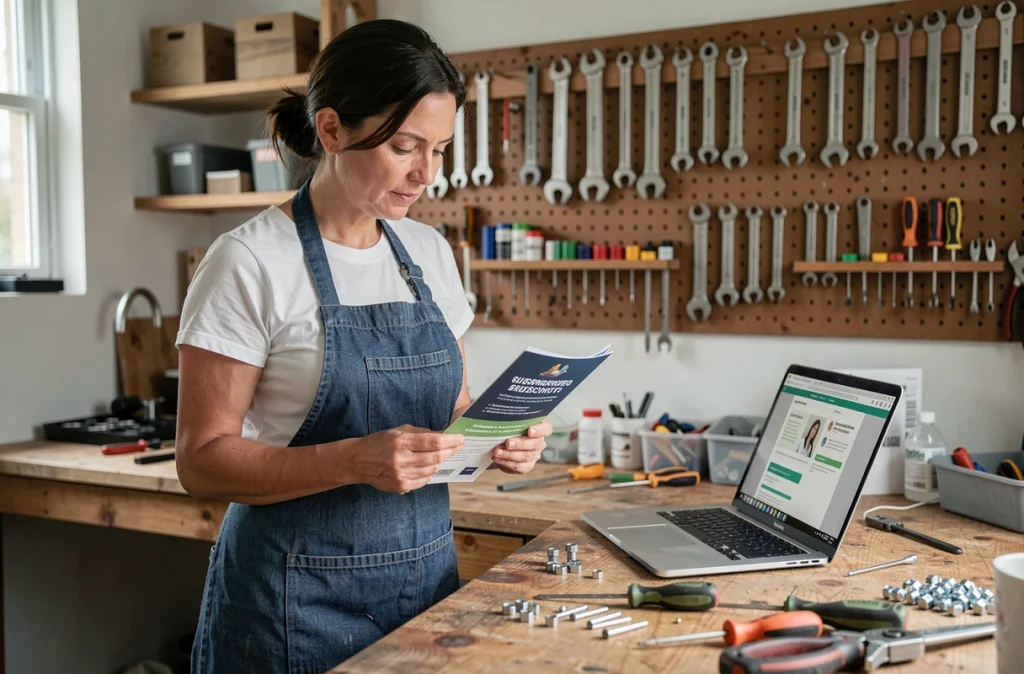 Femme dans un atelier comparant les offres d'abonnement à un magazine de bricolage