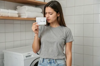 Jeune femme lisant les symboles d'entretien sur une étiquette de vêtement devant une machine à laver