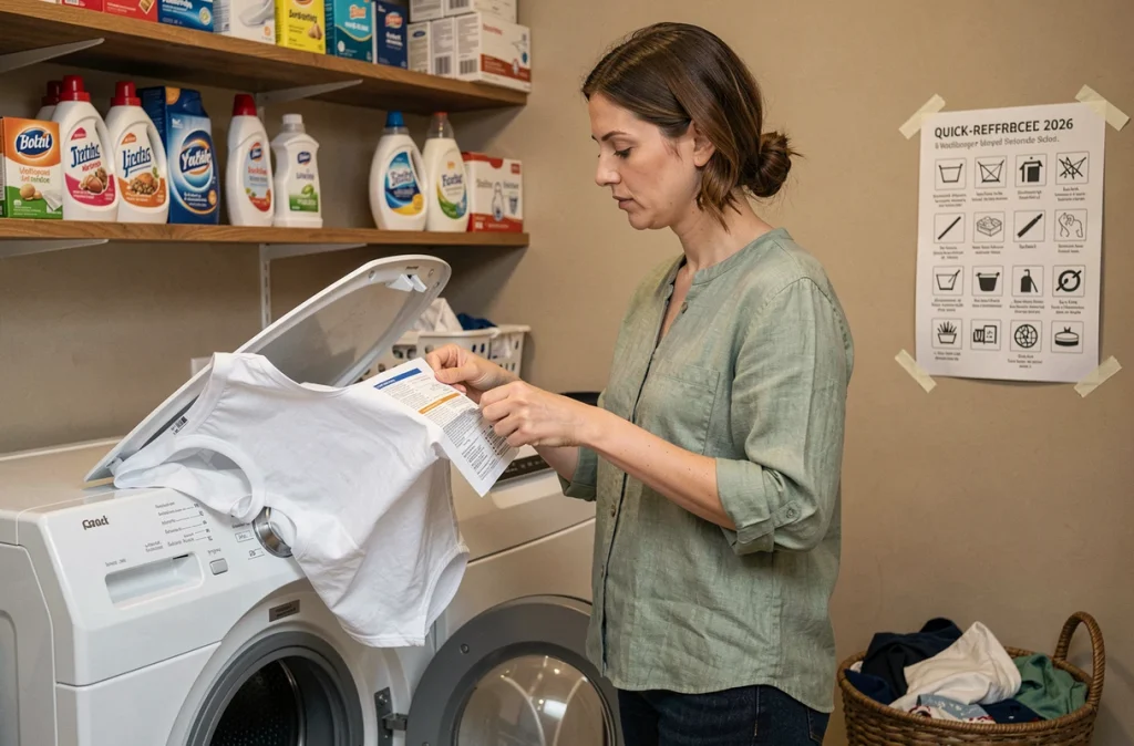 Femme lisant l'étiquette d'entretien d'un vêtement devant un lave-linge en comparant les nouveaux symboles lessive 2026