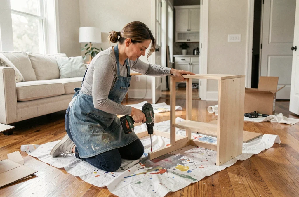 Femme bricolant avec une visseuse pour assembler un meuble en kit dans un salon en cours de rénovation