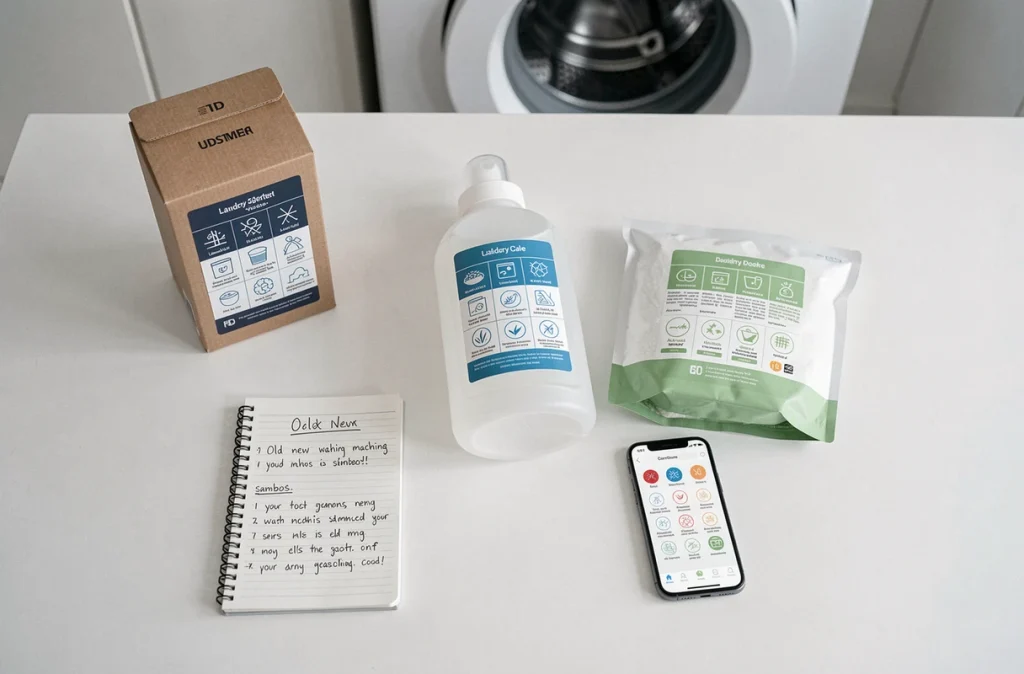 Flat lay comparatif de différents emballages de lessive avec les nouveaux symboles machine à laver 2026 et un carnet de notes