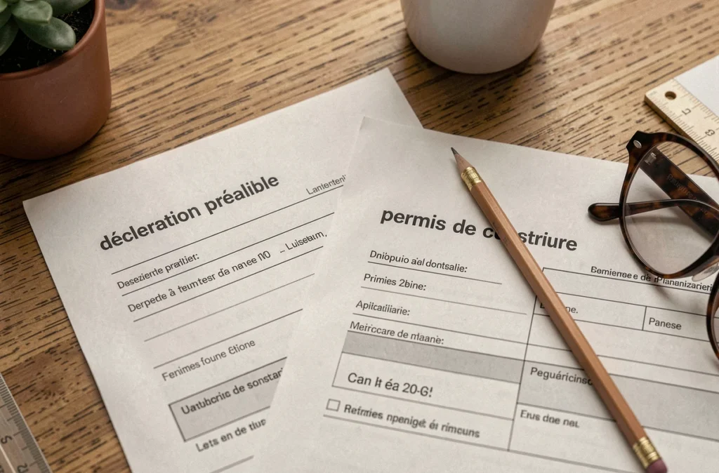 Formulaires de déclaration préalable et de permis de construire posés sur un bureau pour comparer les démarches de clôture