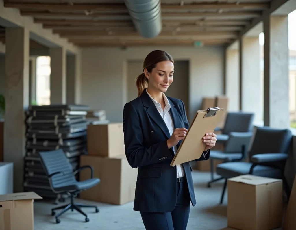 Une responsable de bureau supervise l'évacuation légale d'encombrants lors d'une rénovation de bureaux à Paris
