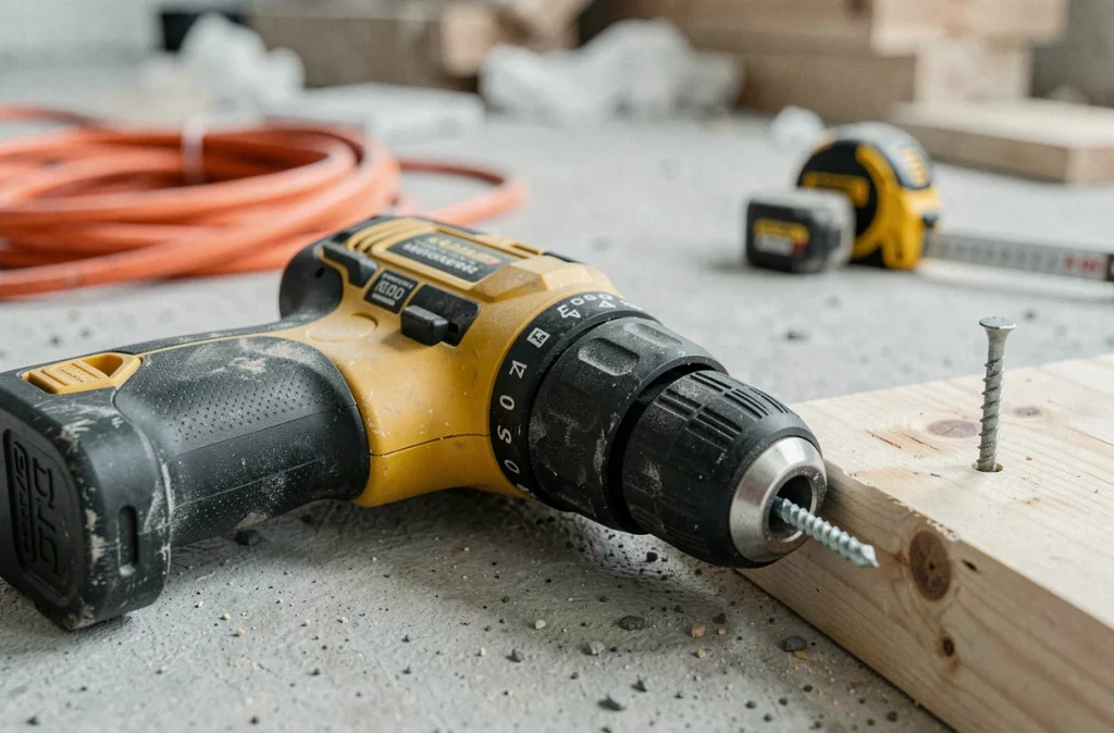 Gros plan d'une visseuse sans fil posée sur un sol de chantier amateur avec des accessoires de bricolage