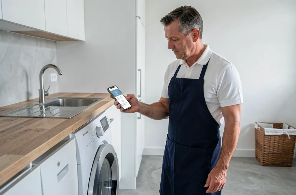 Homme consultant un guide de symboles de lavage sur son téléphone devant une machine à laver