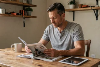 Homme lisant un magazine de bricolage à table avant de souscrire un abonnement