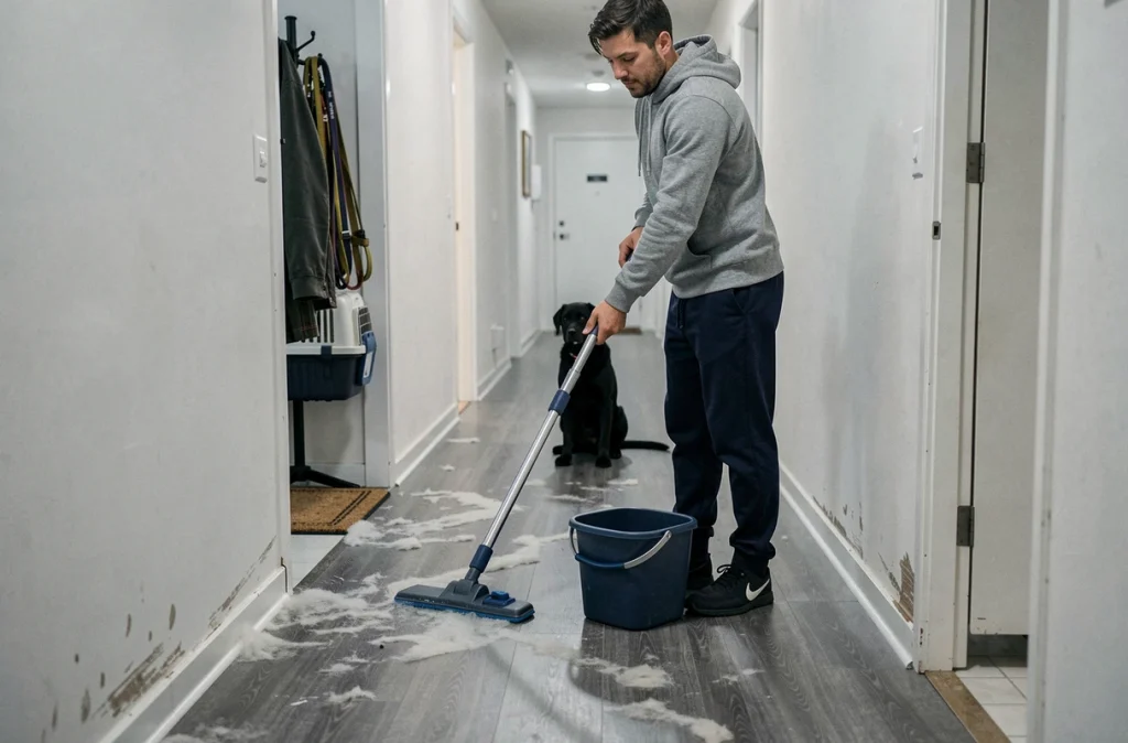 Homme nettoyant un couloir d'appartement avec une serpillière essoreuse pour éliminer les poils de labrador noir sur le sol stratifié gris