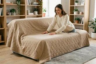 Femme ajustant une housse matelassée sur un clic clac fermé dans un salon scandinave chaleureux