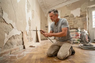 Artisan en train d'inspecter un mur fissuré dans un appartement ancien en cours de rénovation, parquet en chêne et moulures Haussmann visibles
