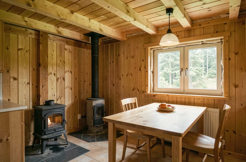 Intérieur d'un petit chalet en bois habitable avec poêle à bois, poutres apparentes et cuisine ouverte compacte