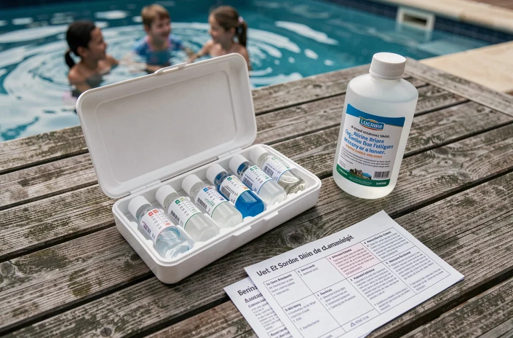Kit de test de chlore et bouteille d'eau de javel posés sur le bord d'une piscine pour contrôler la qualité de l'eau