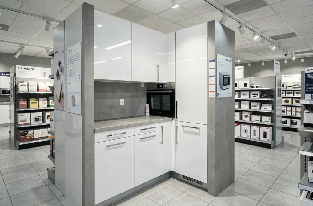 Espace cuisines du magasin Lapeyre Rouen avec des modèles de cuisines modulaires exposés
