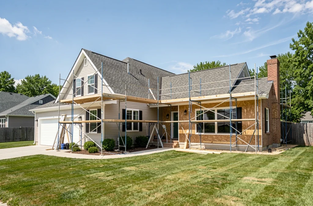 Maison avec extension en chantier et échafaudage