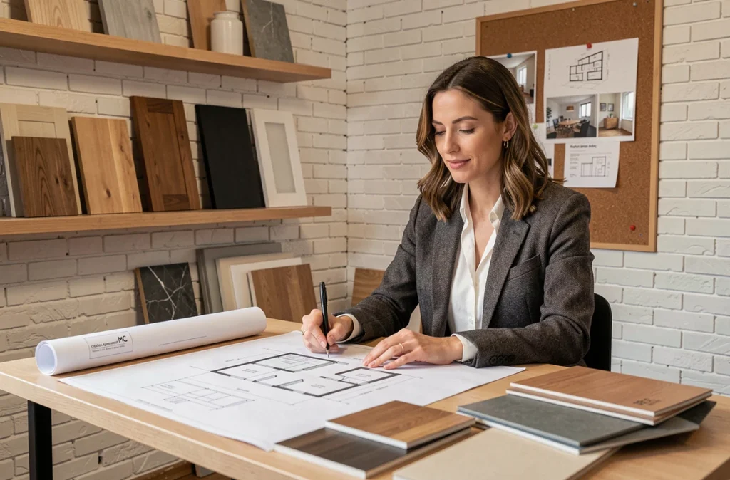 Designer de MC Création Agencement travaillant sur des plans de cuisine personnalisés dans son studio