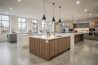 Vue panoramique d'un showroom de cuisinistes en Seine-Maritime avec plusieurs modèles de cuisines exposés
