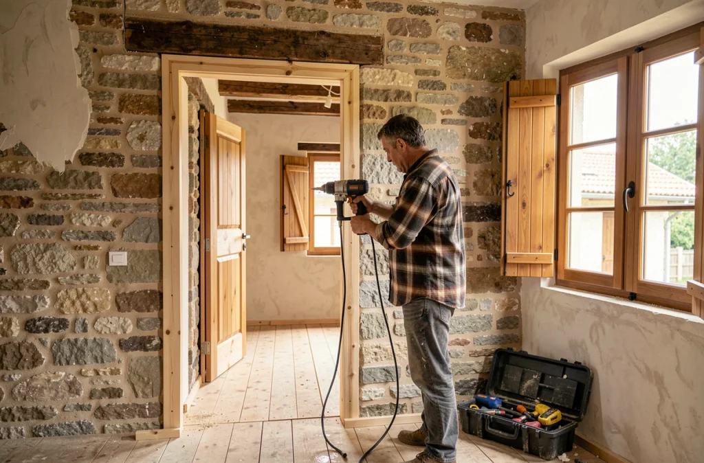 Menuisier de Menuiserie Guyot posant une huisserie en bois intérieure dans une maison rénovée près de Besançon