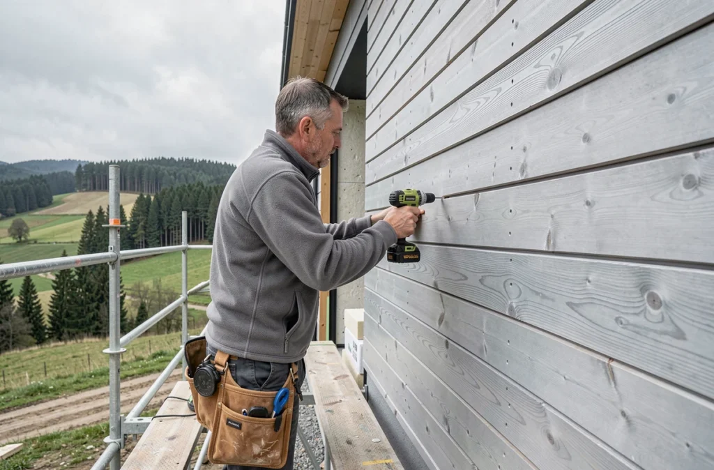Artisan de Menuiserie Laurent posant un bardage en mélèze sur une façade avec isolation bois dans le Territoire de Belfort